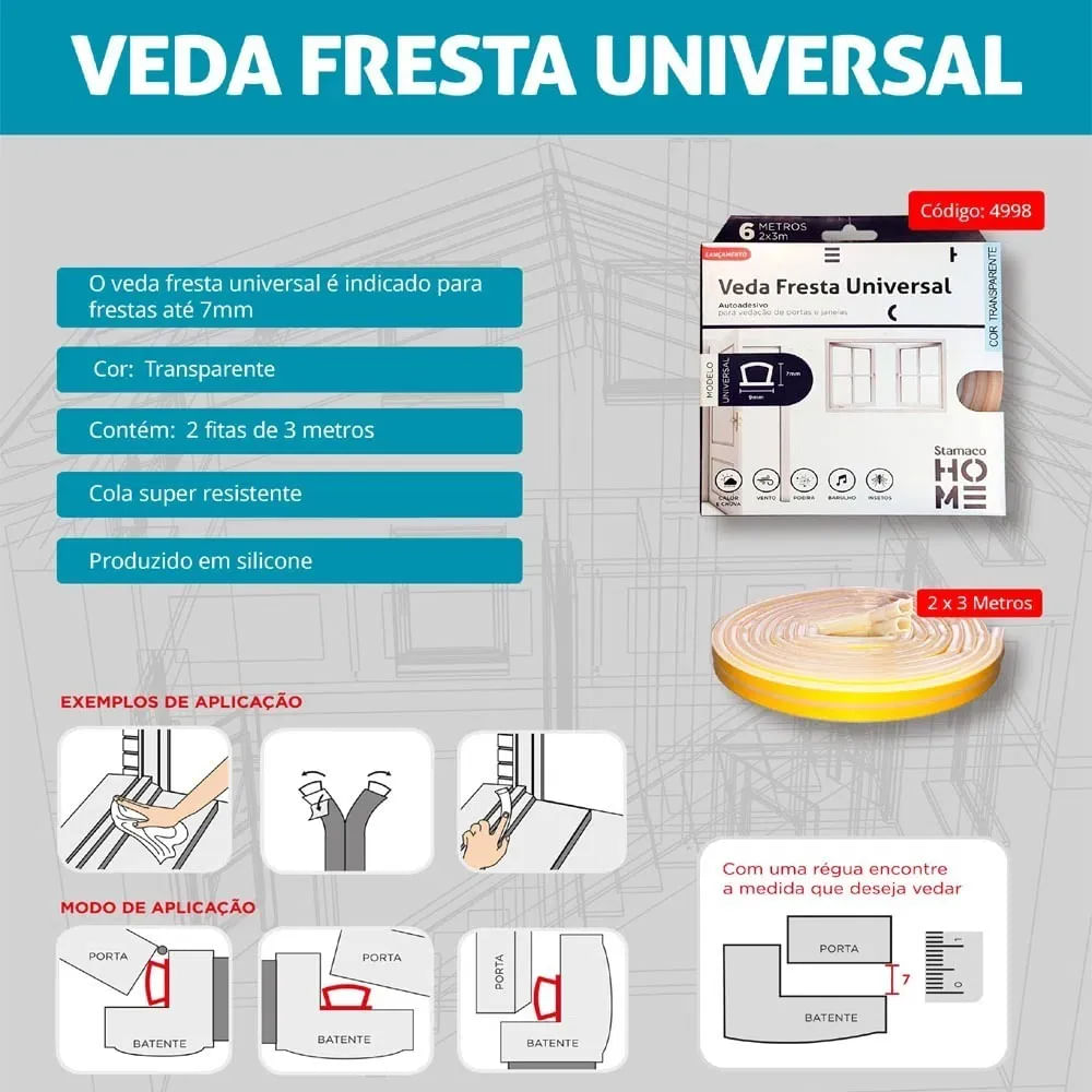 Borracha Vedação Universal Transparente Veda Fresta Adesiva Stamaco 6 Metros