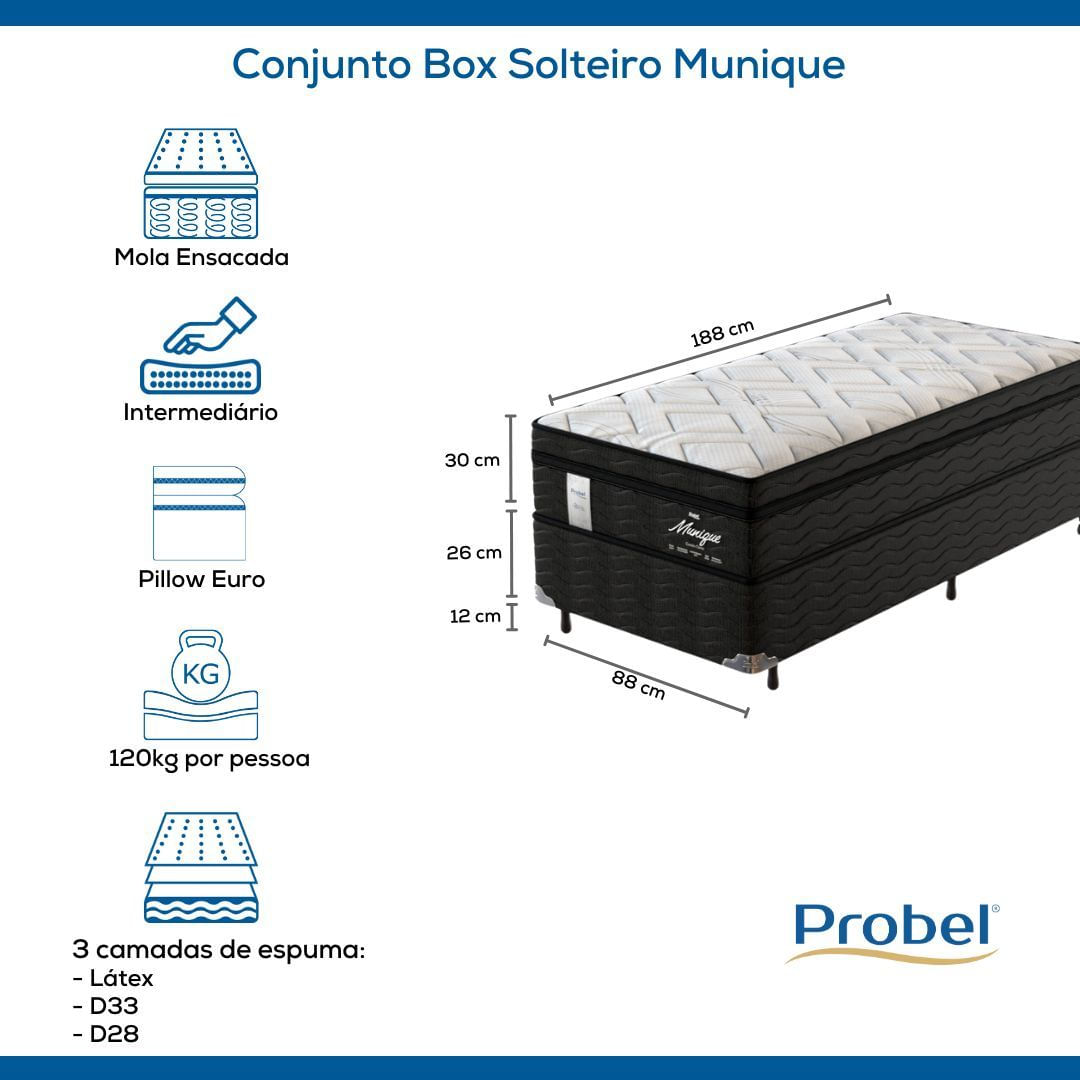 Conjunto Box Solteiro Mola Ensacada Probel Munique (88x188x56cm)