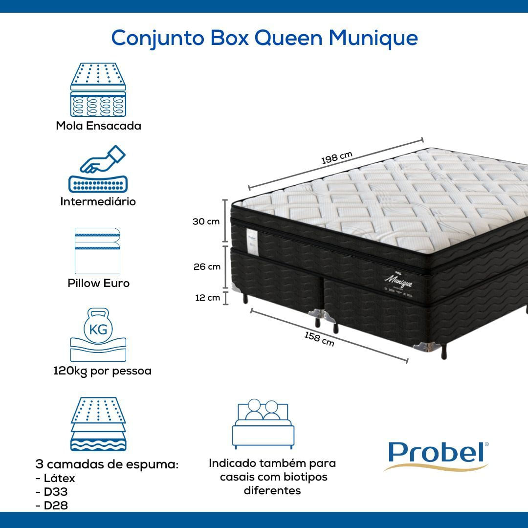 Conjunto Box Queen Mola Ensacada Probel Munique (158x198x56cm)