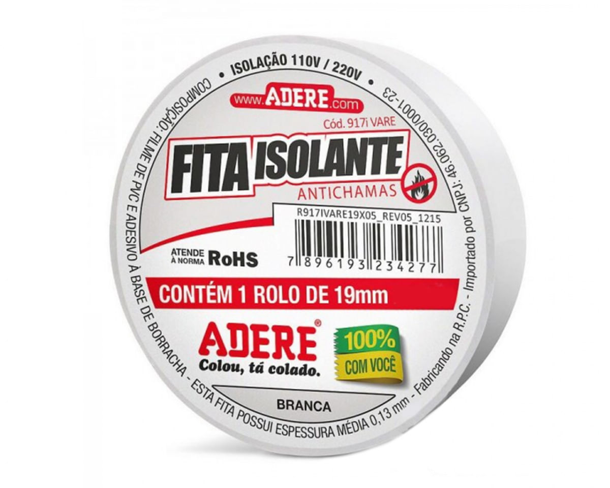 FITA ISOLANTE ADERE COLORIDA 19MMX05M BRANCA C/6PCS