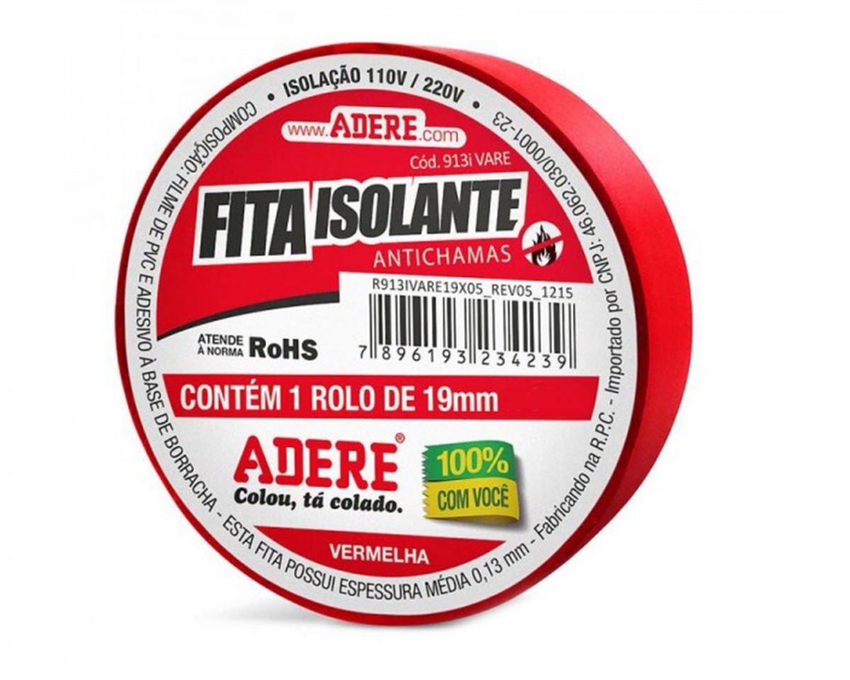 Fita Isolante Adere Colorida 19Mmx05M Vermelha c/6pçs