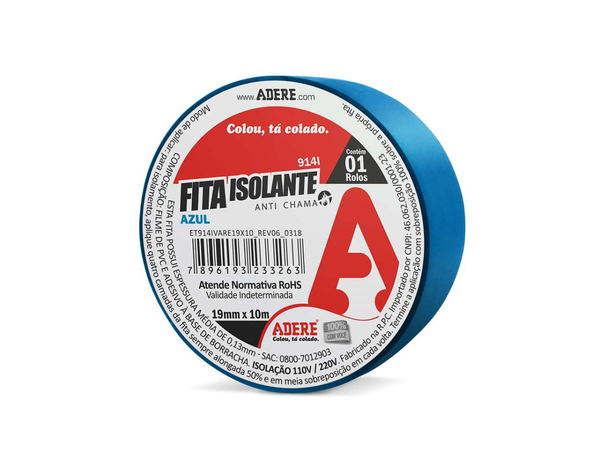 FITA ISOLANTE ADERE COLORIDA 19MMX10M AZUL C/6PCS