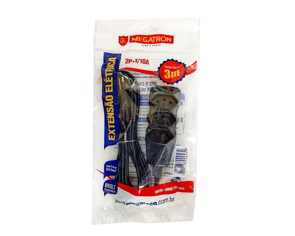 Extensao Megatron Pp Tripolar Biv 03M 3X0,75Xmm Preto
