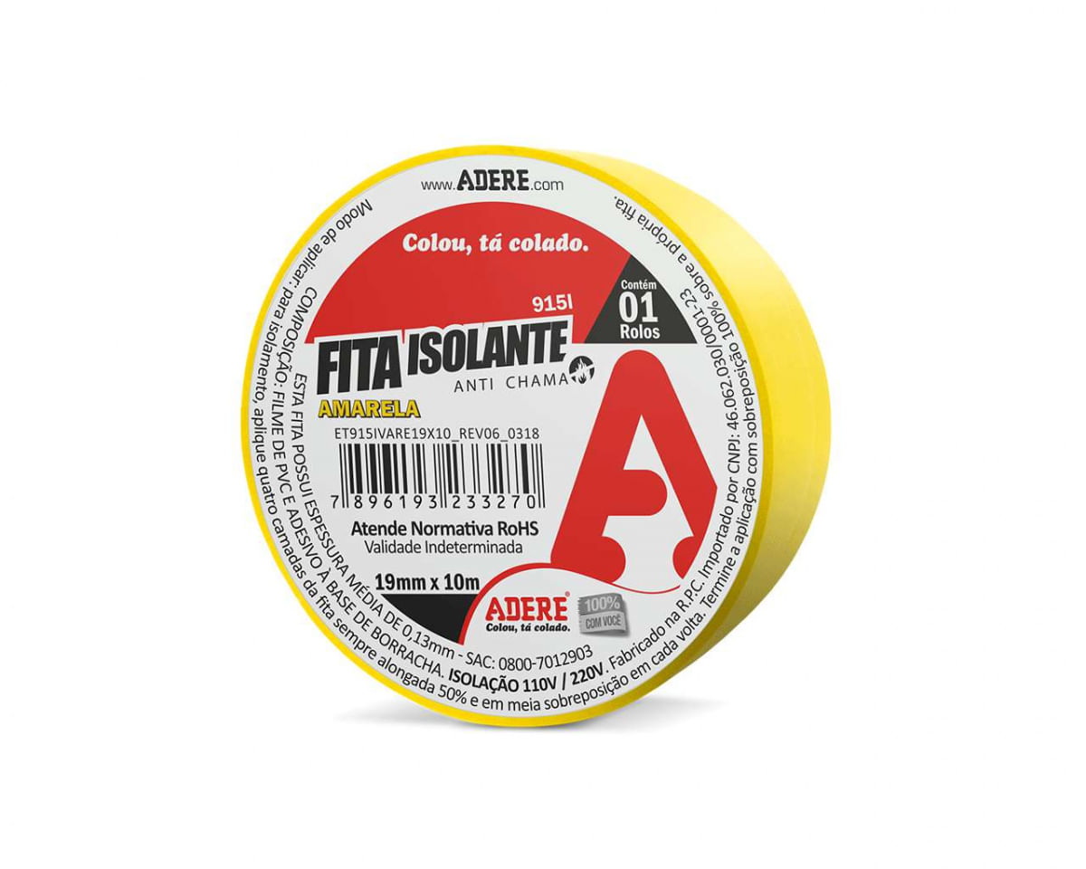 FITA ISOLANTE ADERE COLORIDA 19MMX10M AMARELA