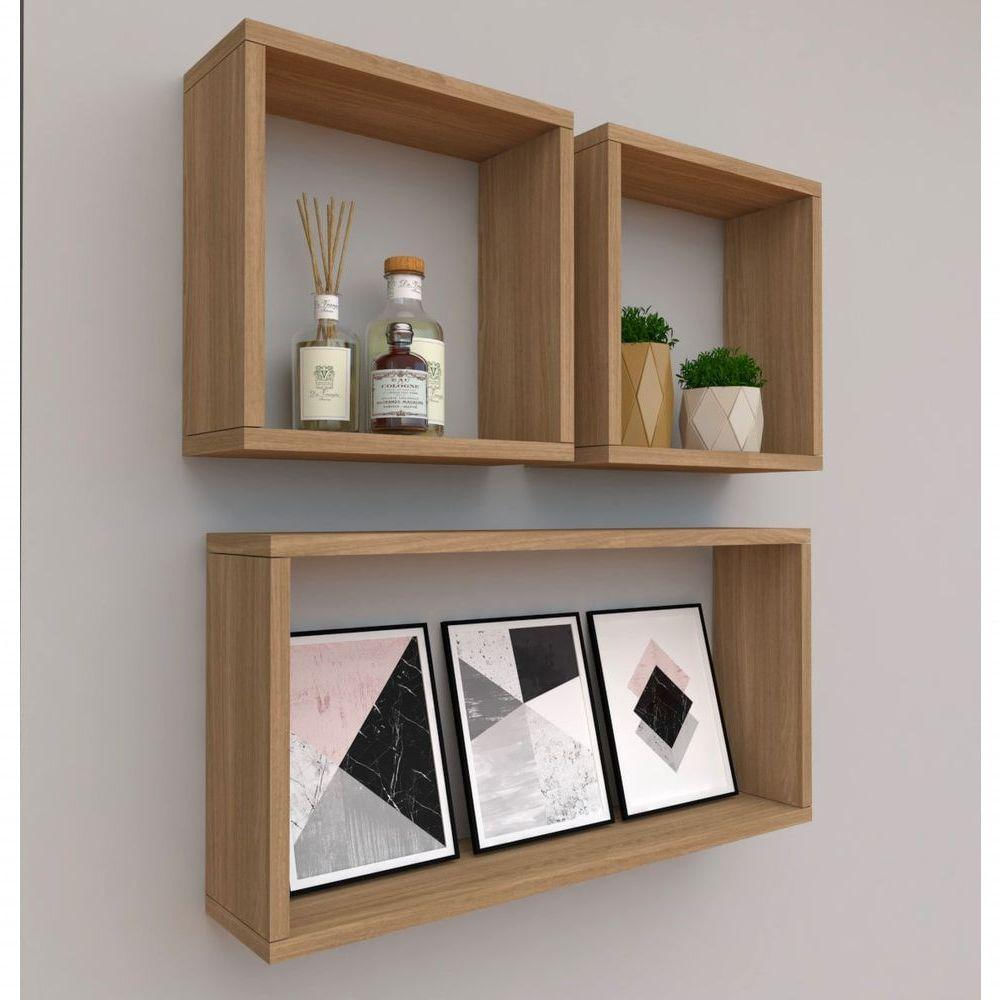 Kit Com 3 Nichos Decoração Sala Madeira Retângular