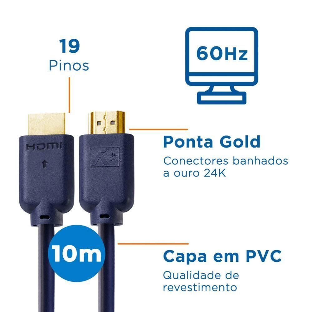 Cabo Hdmi Aquario 2.0 4k 3d 19 Pinos 10 Metros - 4k10