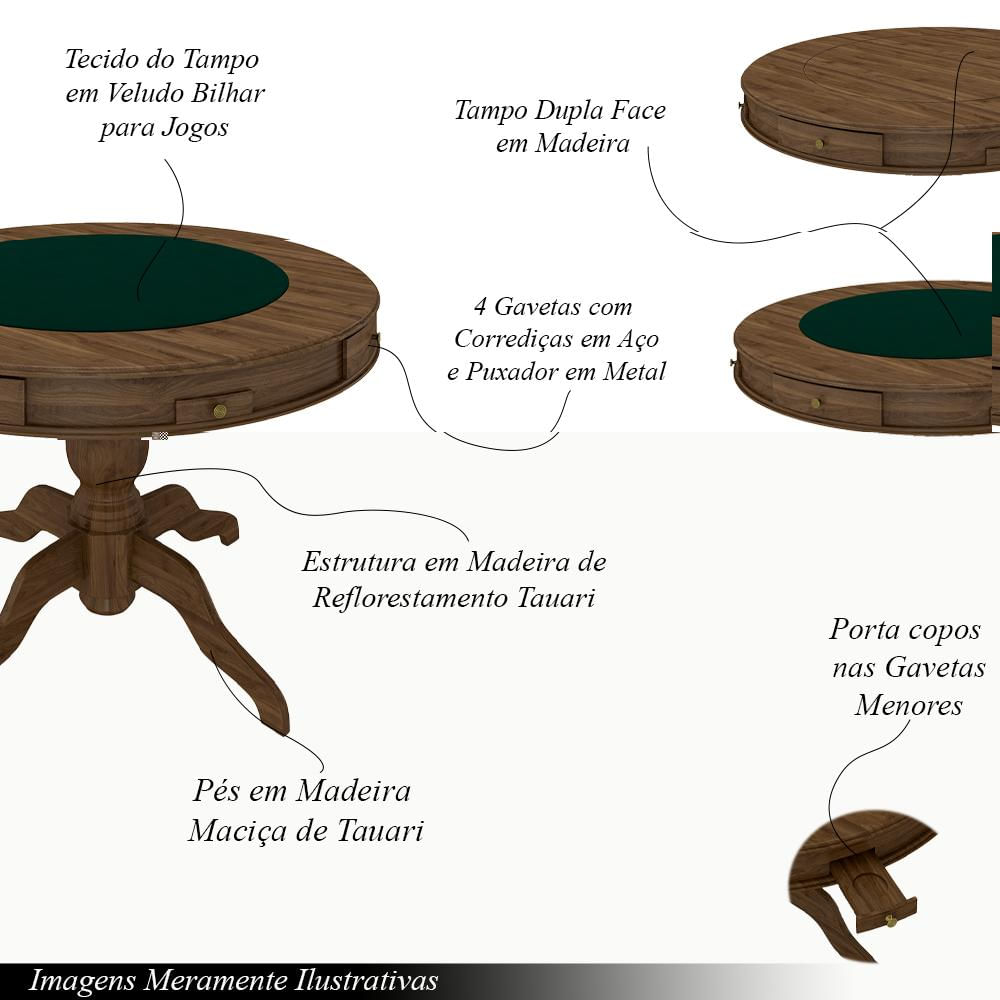 Conjunto Mesa de Jogos Carteado Bellagio Tampo Reversível Verde e 4 Cadeiras Madeira Poker Base Estrela Linho Cinza/Nogueira G42 - Gran Belo