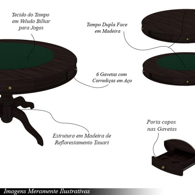 Conjunto Mesa de Jogos Carteado Bellagio Tampo Reversível e 6 Cadeiras Madeira Poker Base Estrela Veludo Verde Escuro/Tabaco G42 - Gran Belo