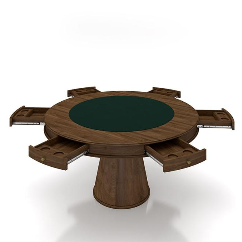 Conjunto Mesa de Jogos Carteado Bellagio Tampo Reversível Verde e 6 Cadeiras Madeira Poker Base Cone Linho OffWhite/Nogueira G42 - Gran Belo