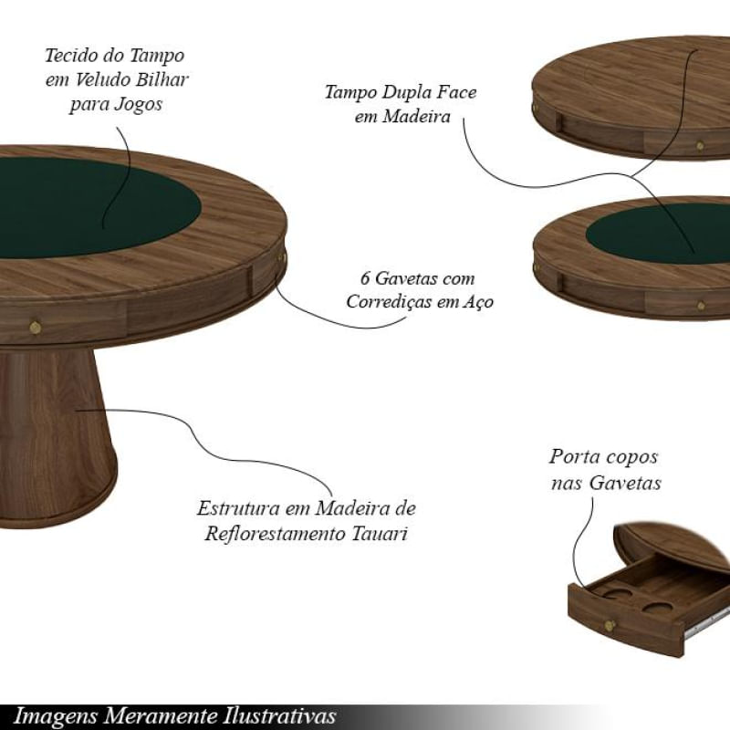 Conjunto Mesa de Jogos Carteado Bellagio Tampo Reversível Verde e 6 Cadeiras Madeira Poker Base Cone Linho OffWhite/Nogueira G42 - Gran Belo