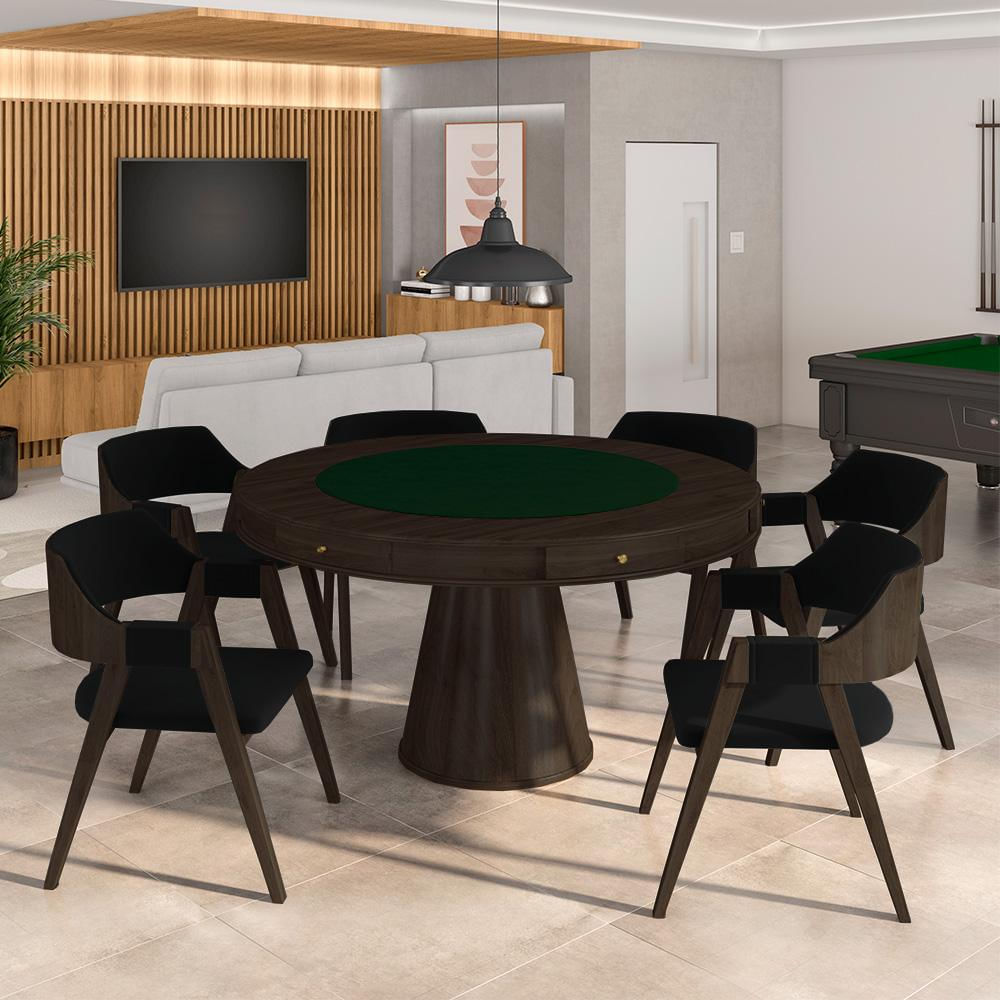 Conjunto Mesa de Jogos Carteado Bellagio Tampo Reversível e 6 Cadeiras Madeira Poker Base Cone Veludo Preto/Capuccino G42 - Gran Belo