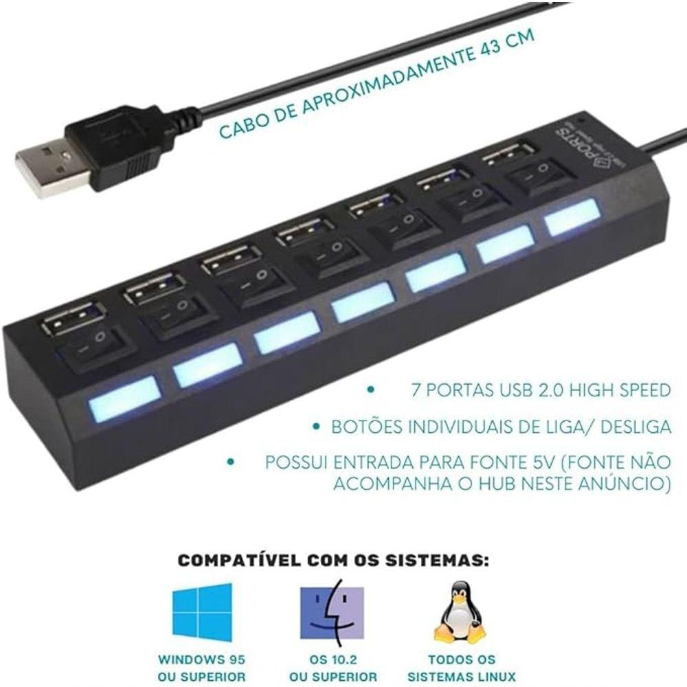 Hub Usb 2.0 Com 7 Portas E Tecnologia De Economia De Energia Através De Interruptores E Indicadores