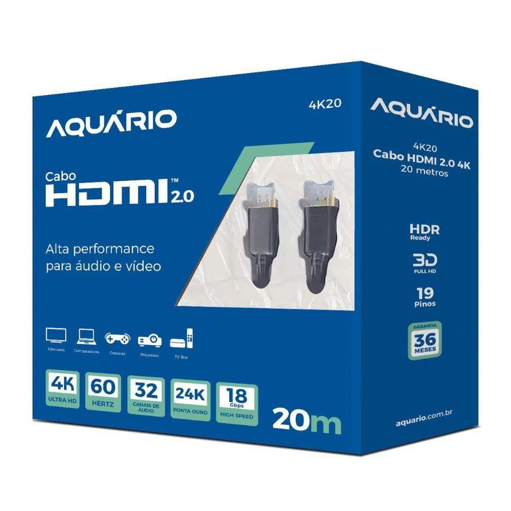 Cabo Hdmi Aquario 2.0 4k 3d 19 Pinos 20 Metros - 4k20