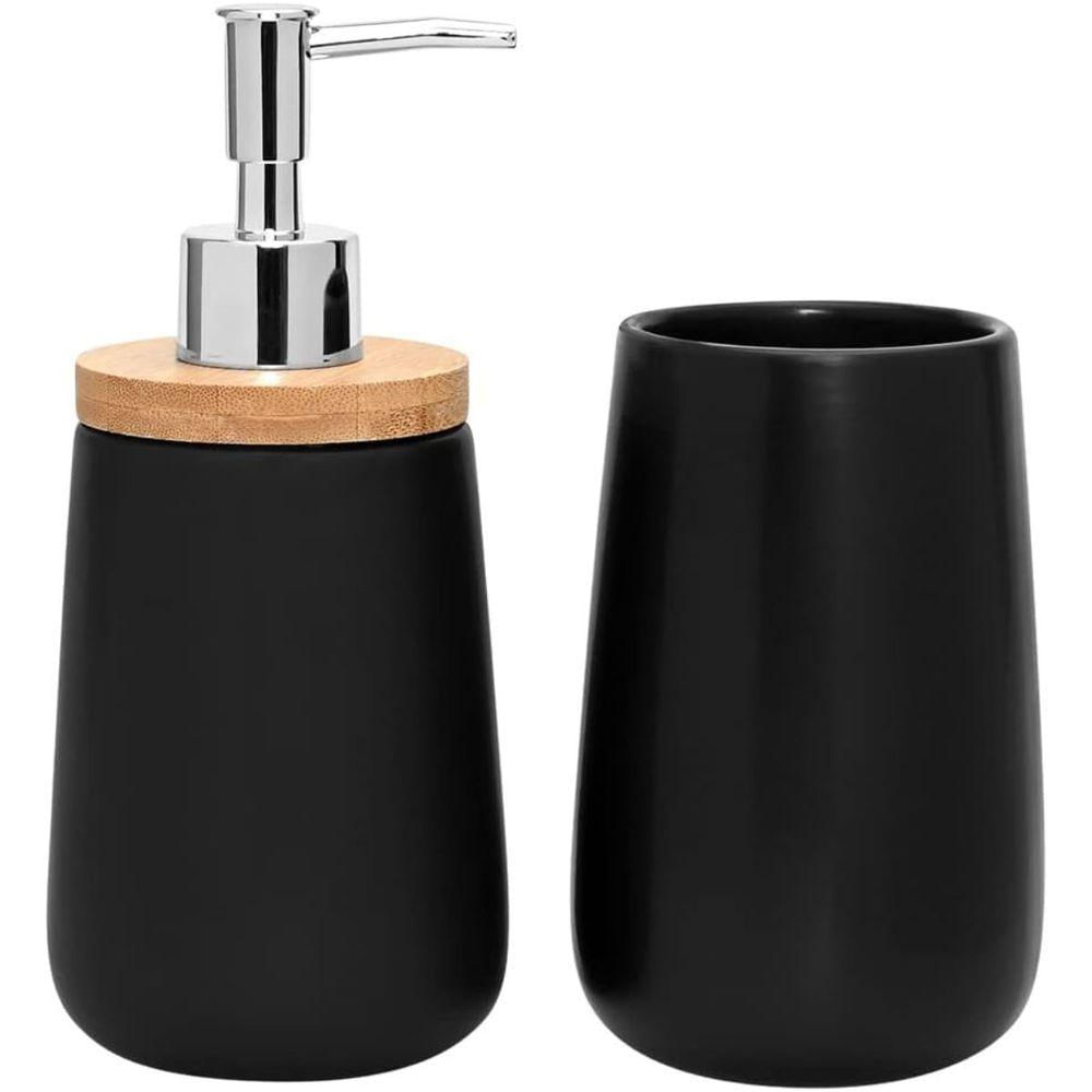 Jogo De Banheiro Em Cerâmica E Bambu Black 2 Pçs
