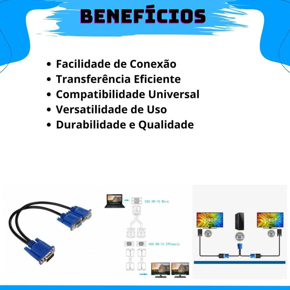 Kit 5 Cabos Adaptador Splitter Duplicador Vga Y 1 Macho X 2 Femeas