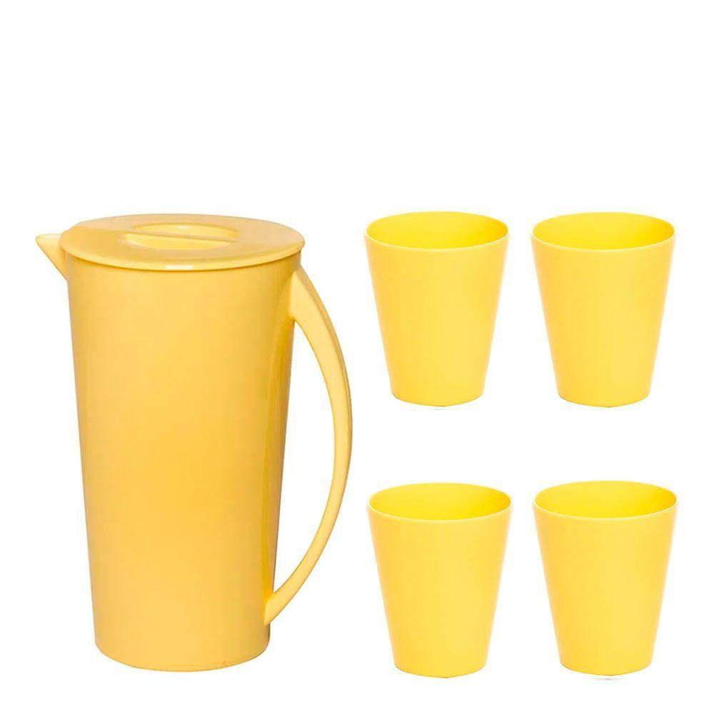 Kit Jarra Fresc 2,5l Com 4 Copos Amarelo Claro Em Polipropileno Linha Tendência Vem