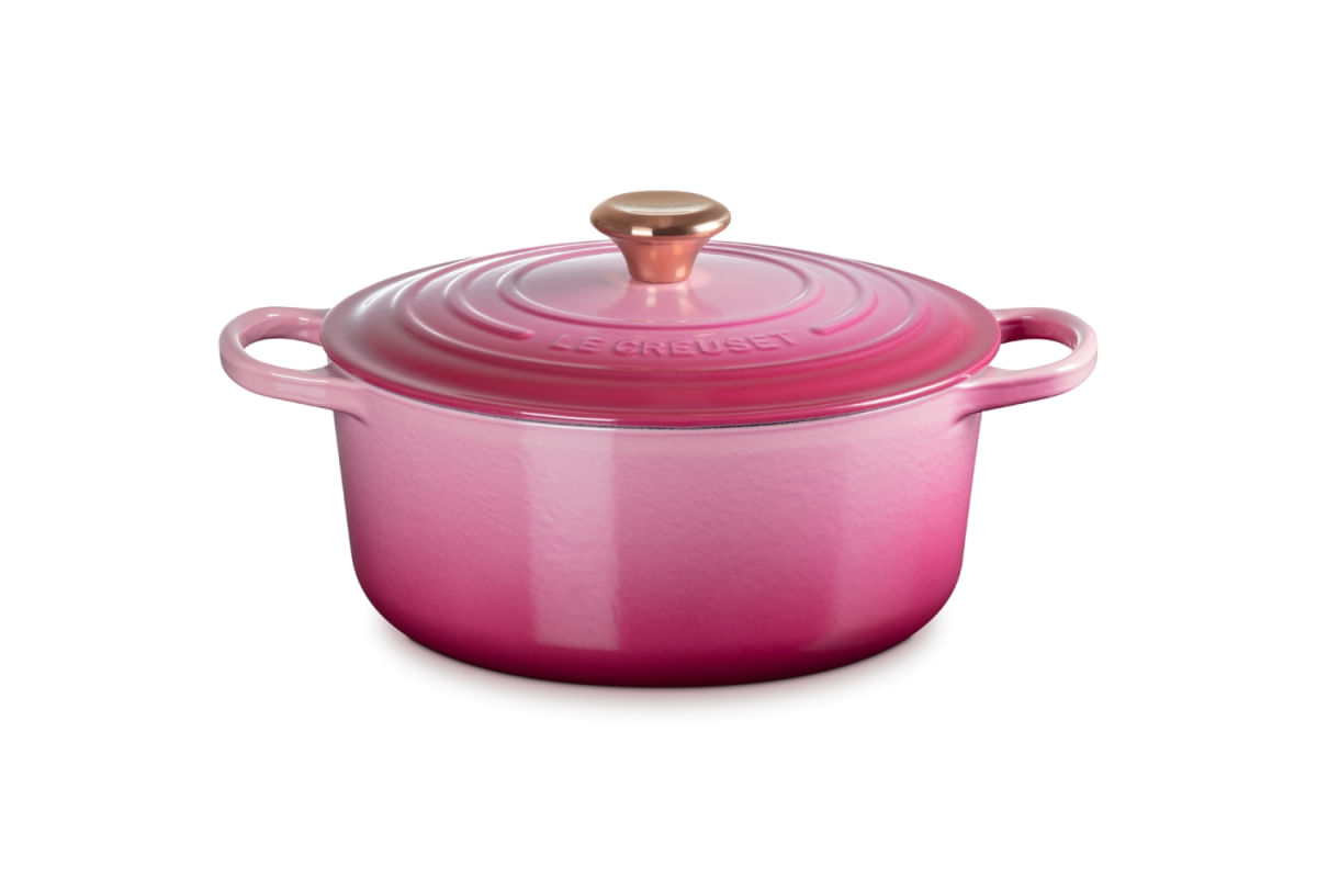 PANELA LE CREUSET REDONDA SIGNATURE PUXADOR DOURADO FERRO ESMALTADO 20CM ROSA BERRY 21177204394445