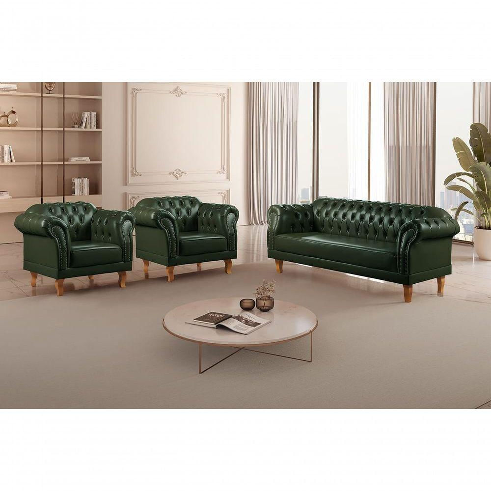 Conjunto Sofá Chesterfield 3 Lugares + 2 Poltronas couro Ecológico Verde 303