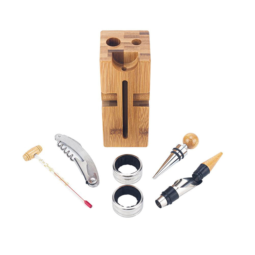Kit Para Vinhos Abridor Saca Rolhas Dosador 7 Peças Suporte em Bambu - Wellmix