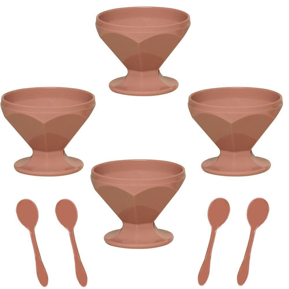 Kit Taça De Sobremesa Com 4 Taças De Sobremesa 150ml + 4 Colheres Rosé Em Polipropileno Linha Tendências Vem