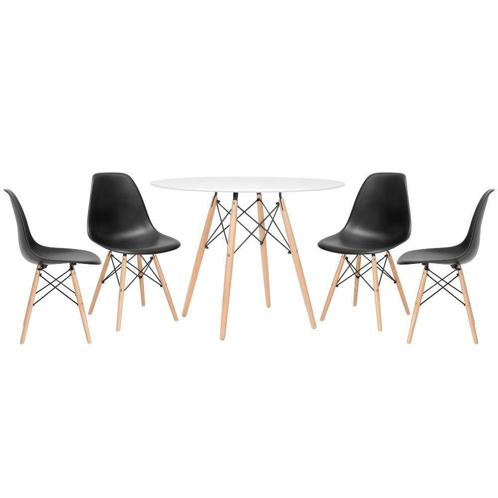 Mesa Redonda Eames 100cm Branco + 4 Cadeiras Preto