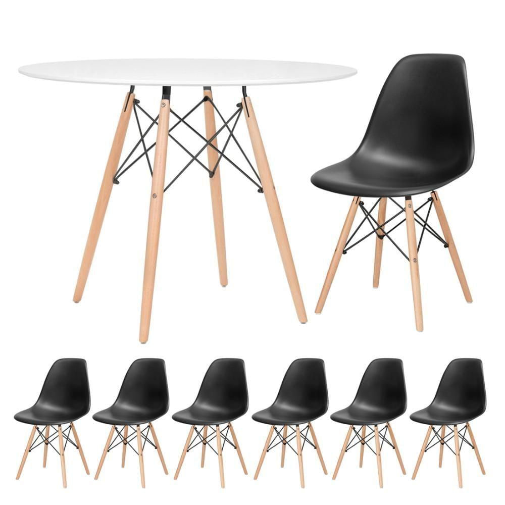 Mesa Redonda Eames 100cm Branco + 6 Cadeiras Preto