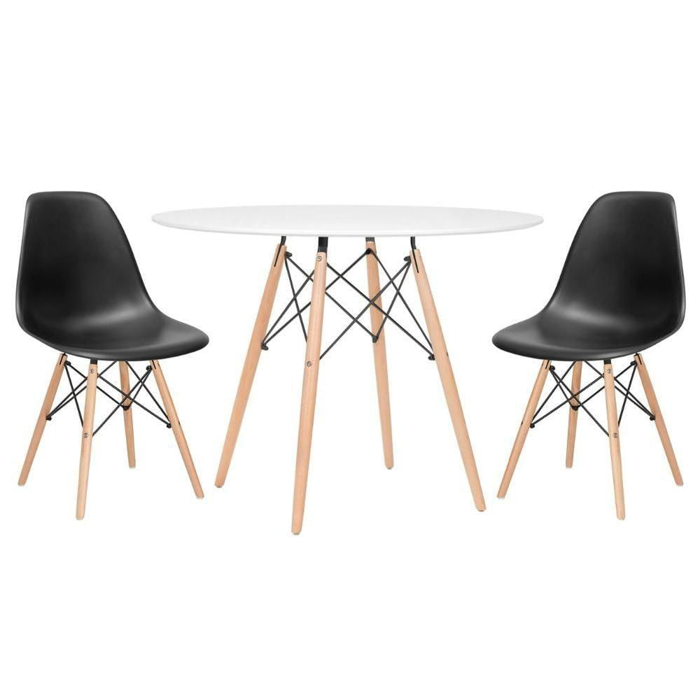 Mesa Redonda Eames 100cm Branco + 2 Cadeiras Preto