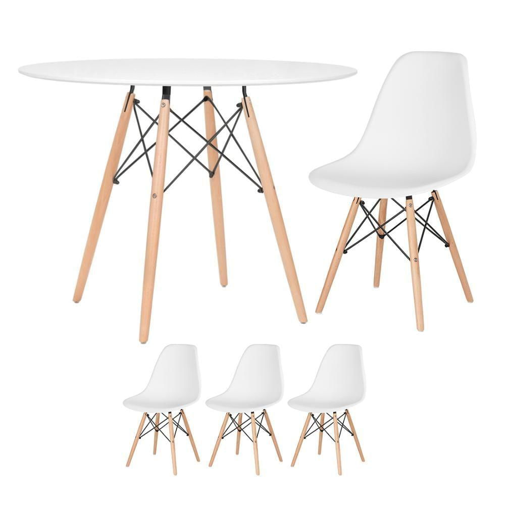 Mesa Redonda Eames 100cm Branco + 3 Cadeiras Branco