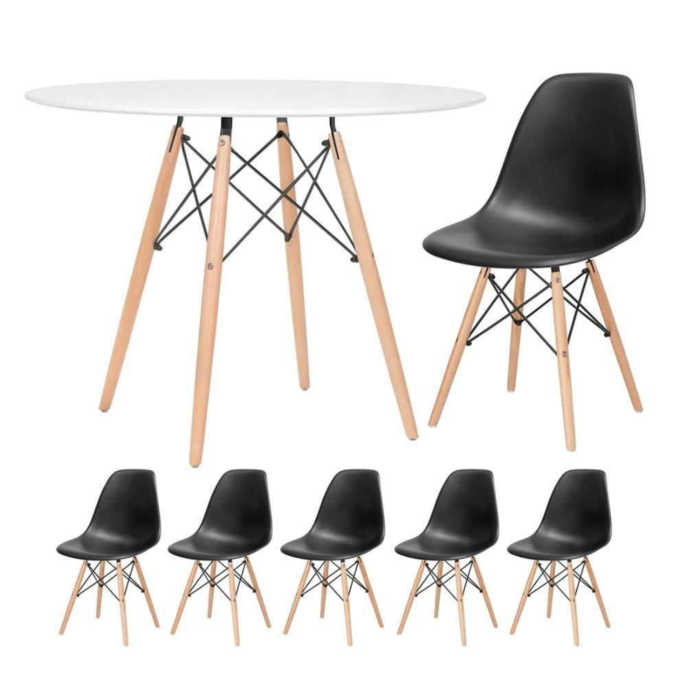 Mesa Redonda Eames 100cm Branco + 5 Cadeiras Preto