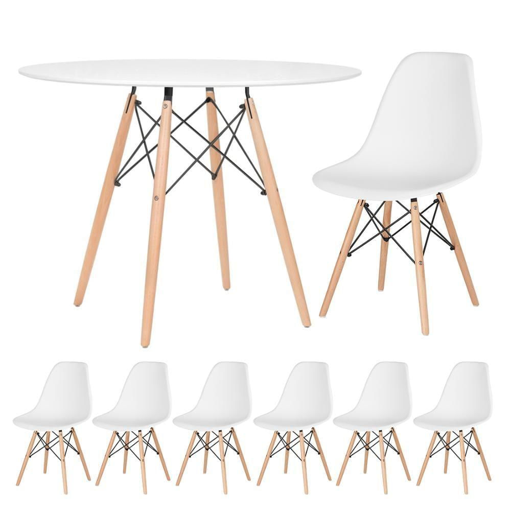 Mesa Redonda Eames 100cm Branco + 6 Cadeiras Branco