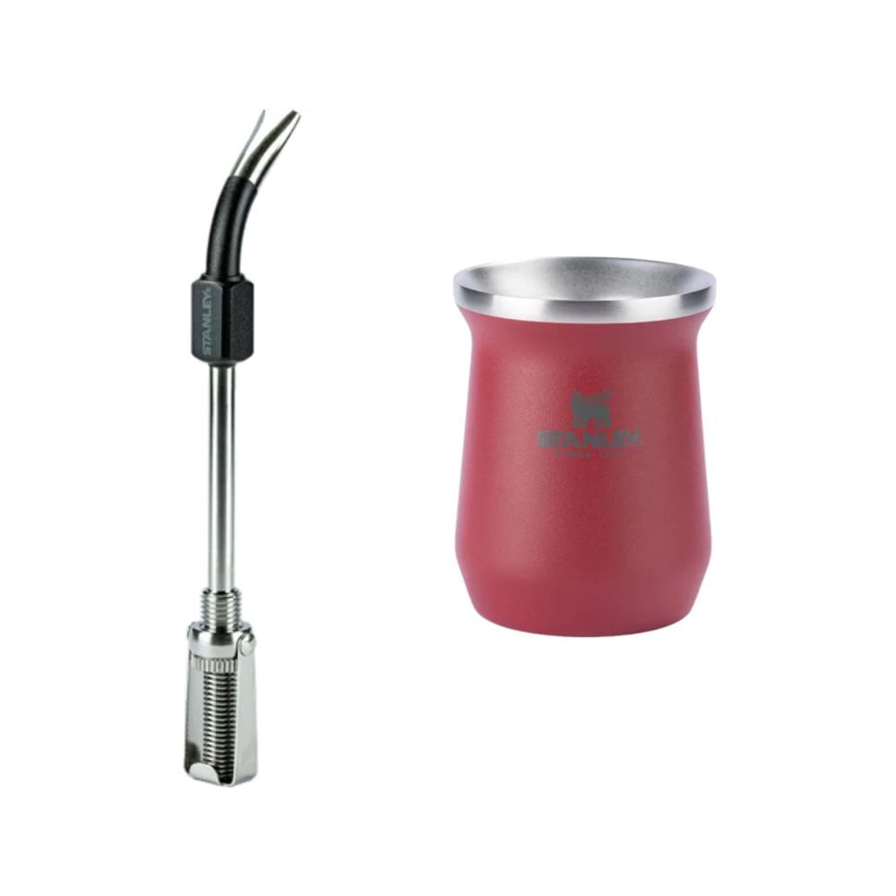 KIT STANLEY CUIA TÉRMICA 236ML VERMELHA E BOMBA COM MOLA AJUSTÁVEL EM INOX PRETO