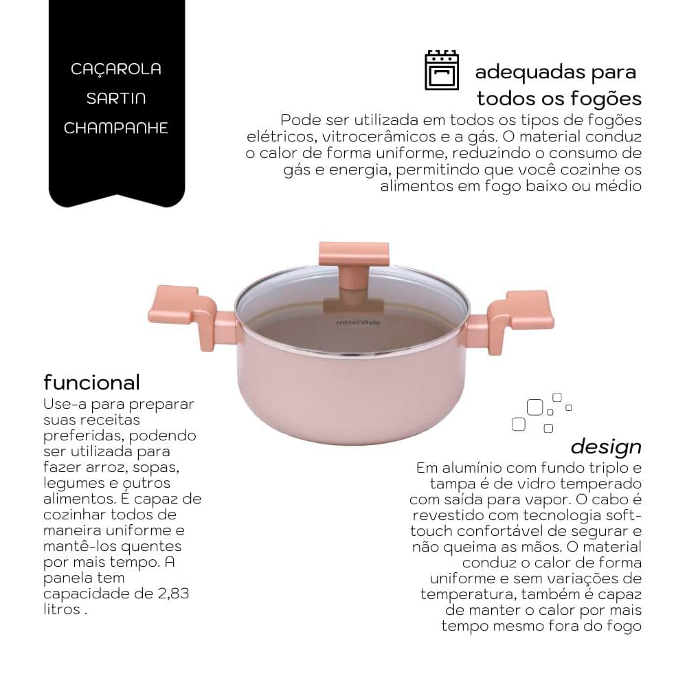 Jogo De Panelas Alumínio Antiaderente 07 Peças Mimo Style Sartin Cook Champanhe Com Panela Caçarola Leiteria e Grill
