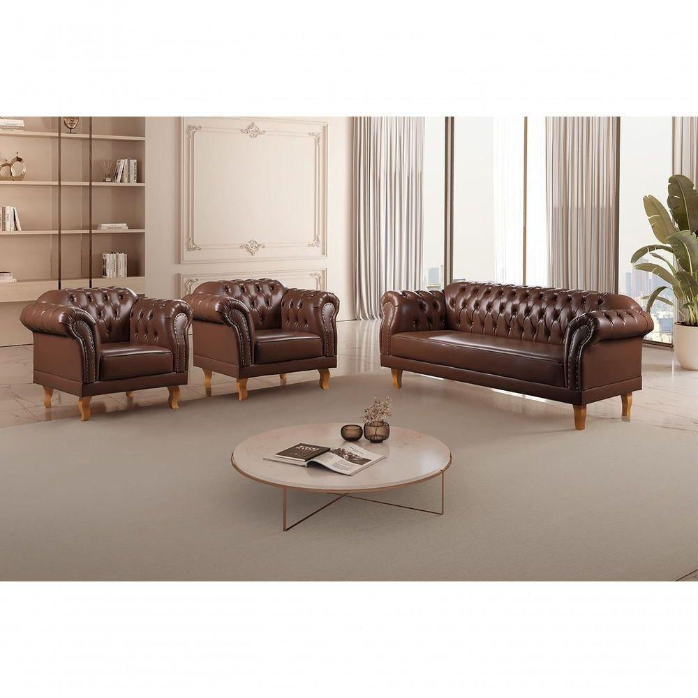 Conjunto Sofá Chesterfield 3 Lugares + 2 Poltronas couro Ecológico Marrom 301