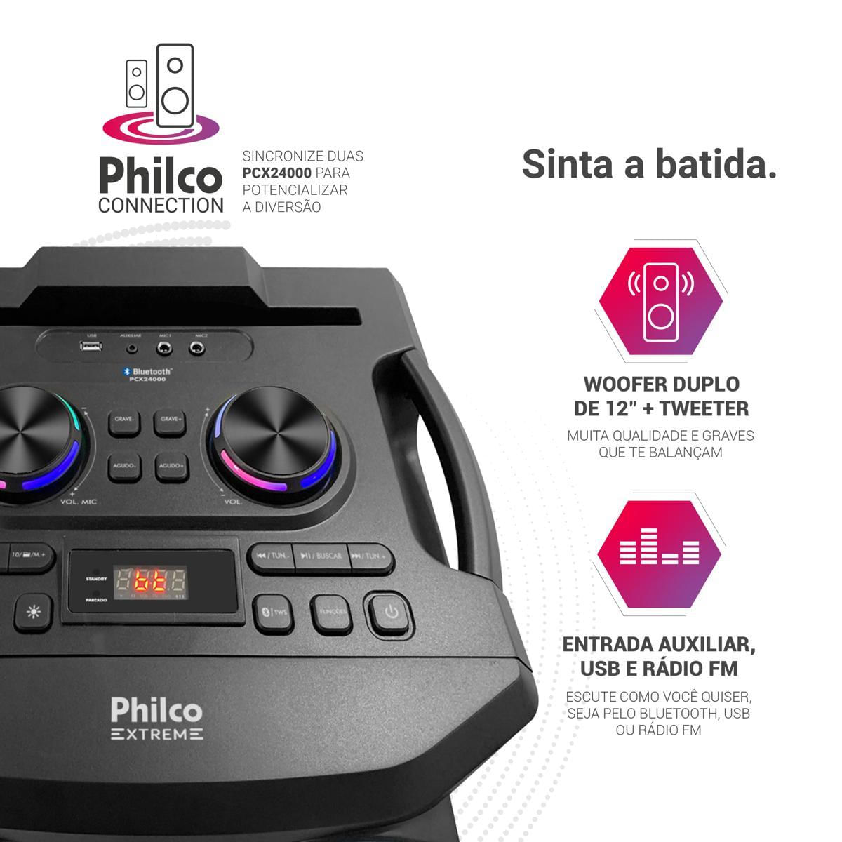 Caixa de Som Amplificada 2400W Philco PCX24000 Flash Lights Bivolt