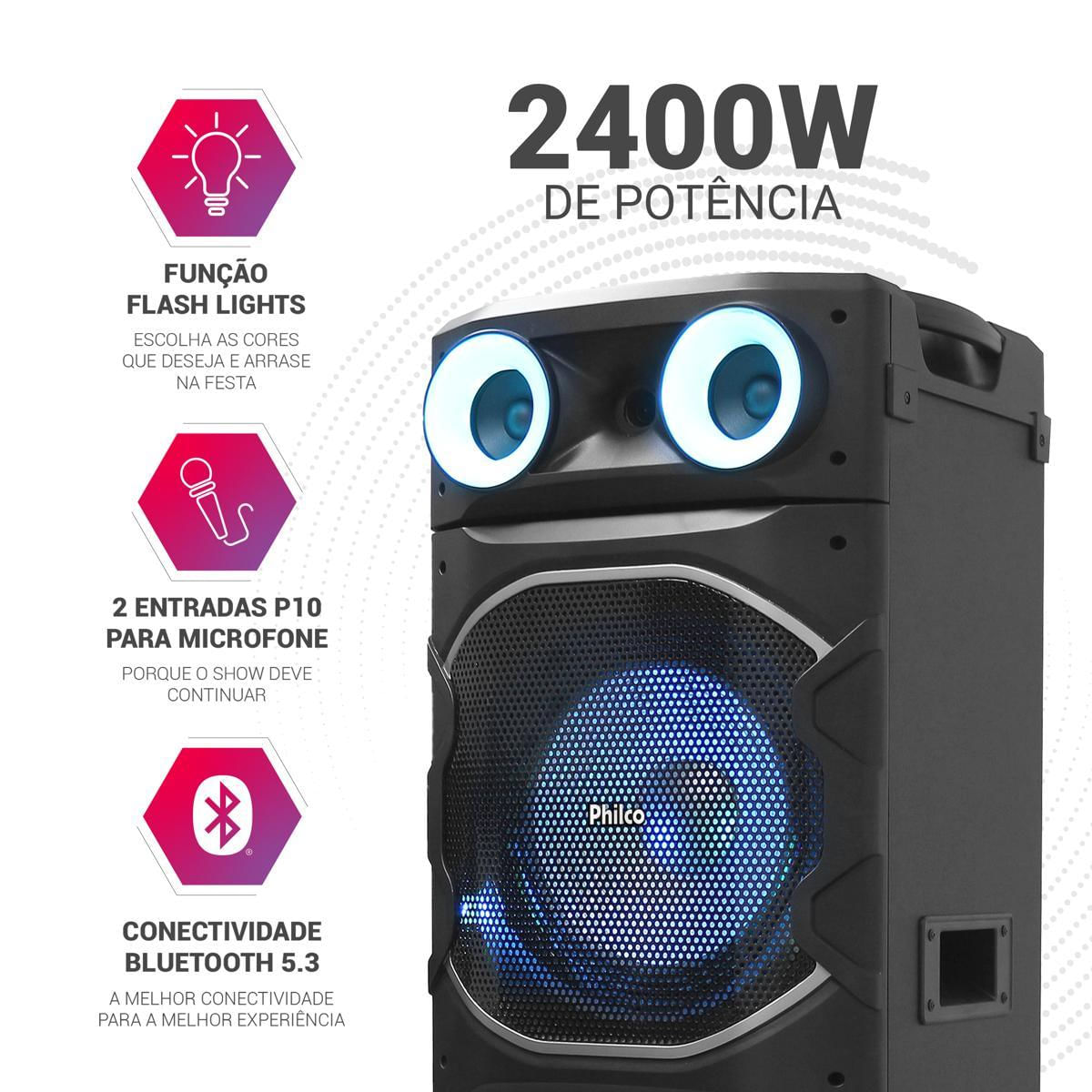 Caixa de Som Amplificada 2400W Philco PCX24000 Flash Lights Bivolt