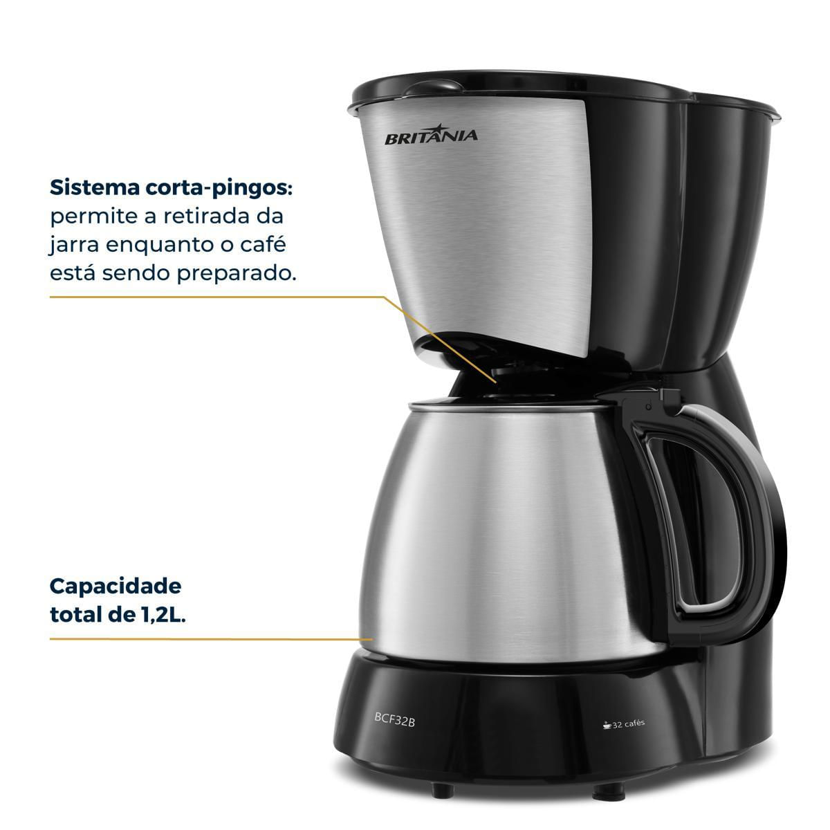 Cafeteira Britânia 32 Cafezinhos 1,2L BCF32B Jarra em Inox 127V