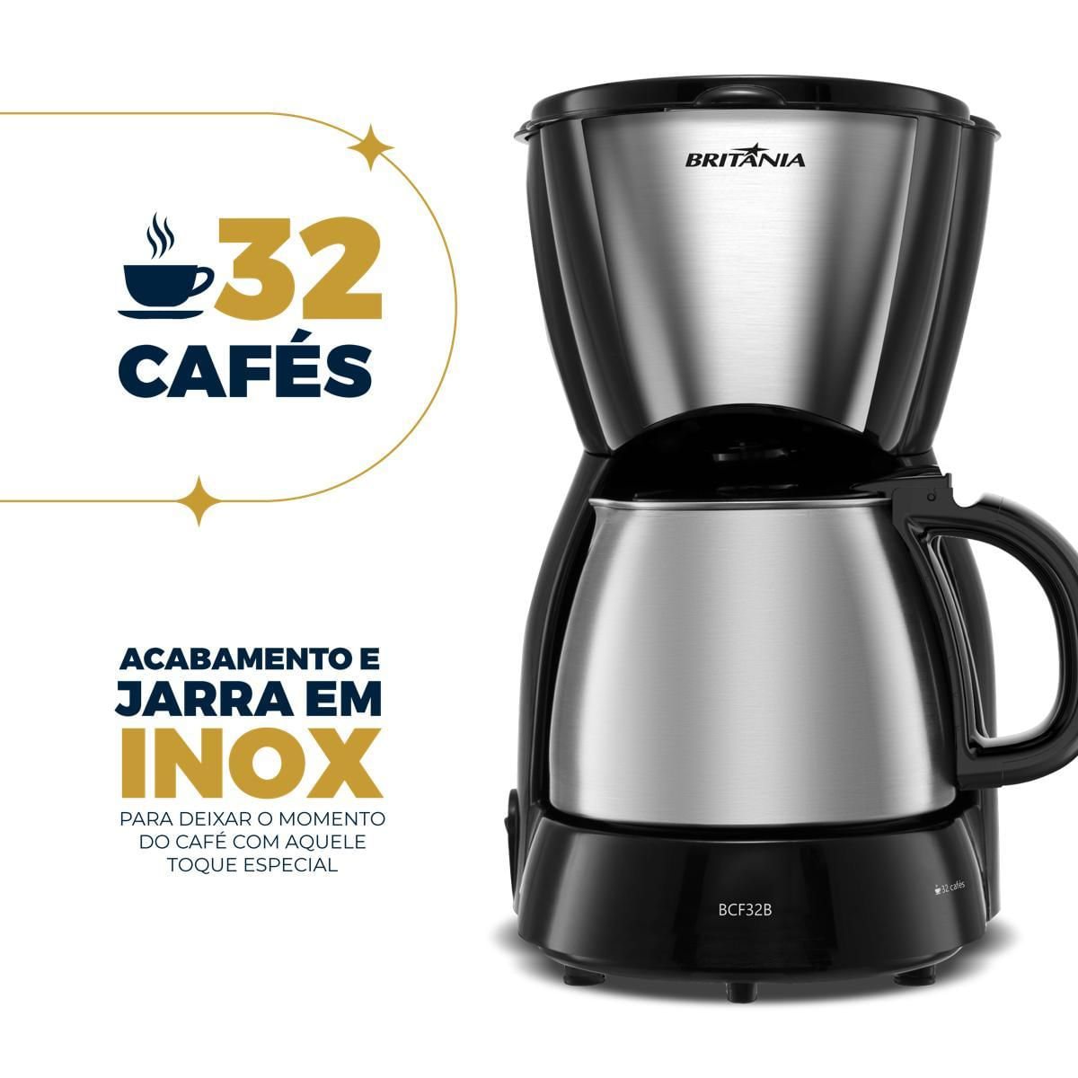 Cafeteira Britânia 32 Cafezinhos 1,2L BCF32B Jarra em Inox 127V