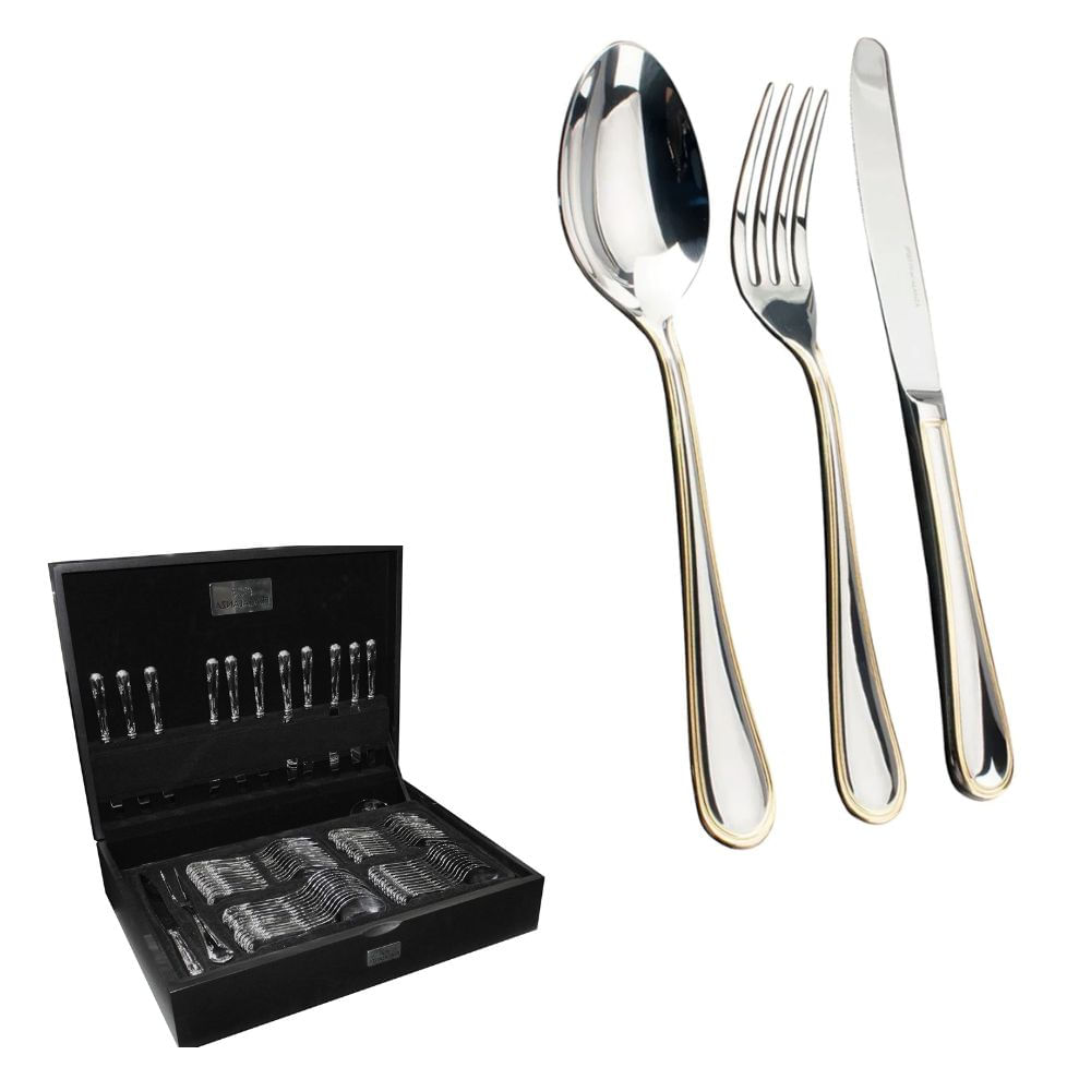 KIT FRACALANZA FAQUEIRO LOUVRE 130 PEÇAS 18/10 3,0MM COM FRISO OURO EM AÇO INOX E