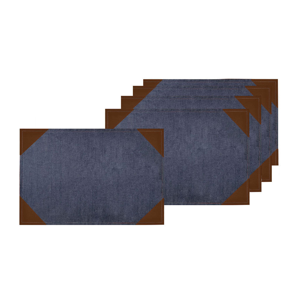 Jogo Americano Jeans com Ponteira de Couro Marrom 10un