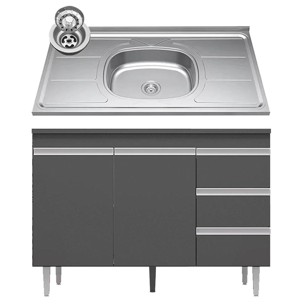 Balcão Gabinete com Pia Inox 120cm Andréia 2 Portas Cinza - AJL Móveis