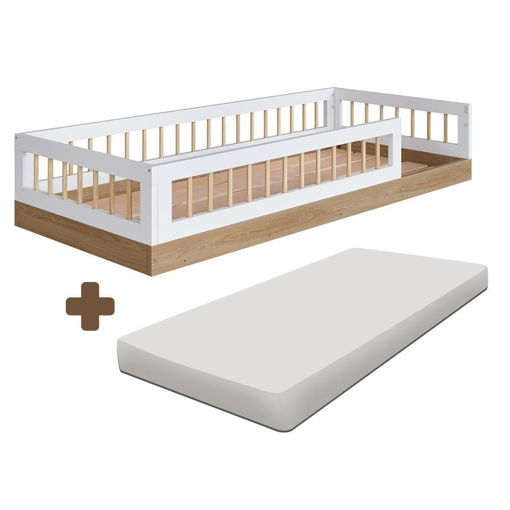 Cama Infantojuvenil De Chão Solteiro 84 X 195 Cm Com Colchão Aveiro Oak Branco Jarne Completa Mó