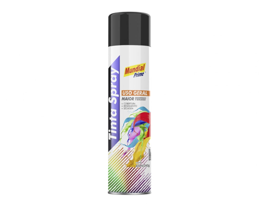 Tinta Spray Mundial Prime Preto Brilhante 400Ml c/6pcs