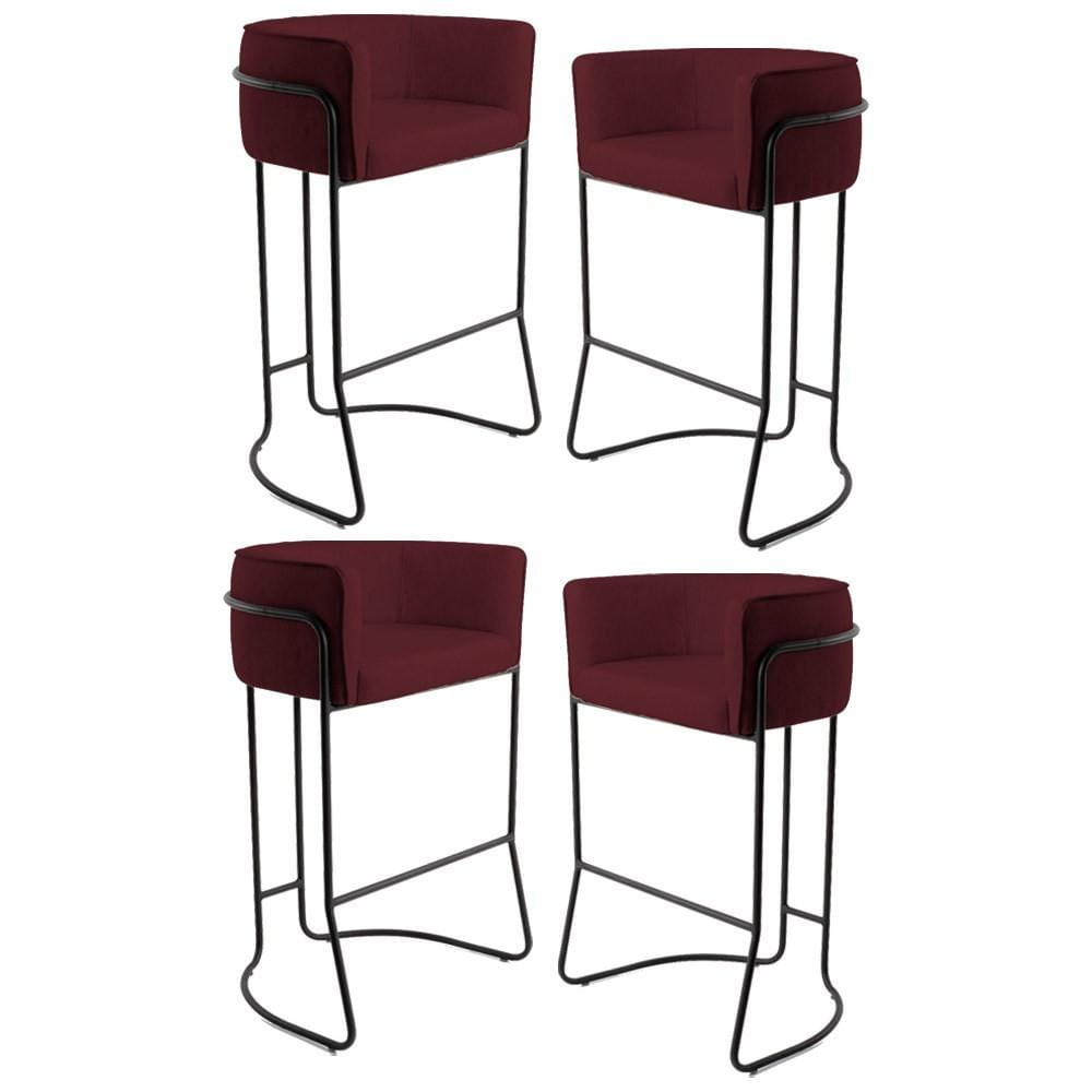 Kit 4 Banquetas Decorativas Base Aço Preto Betina Veludo C-278 Marsala - Domi