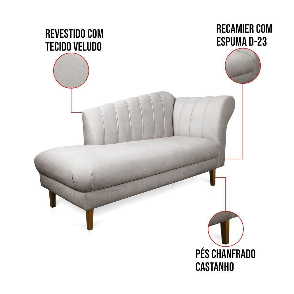 Divã Recife Veludo Cinza 165 Cm Pés Chanfrado Castanho - D'rossi