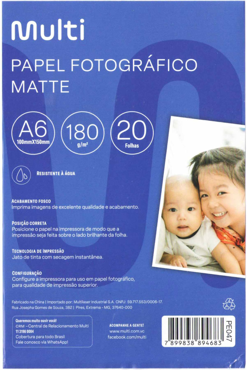 Papel Fotográfico Matte 10X15Cm 180G 20 Folhas Multilaser Pe047