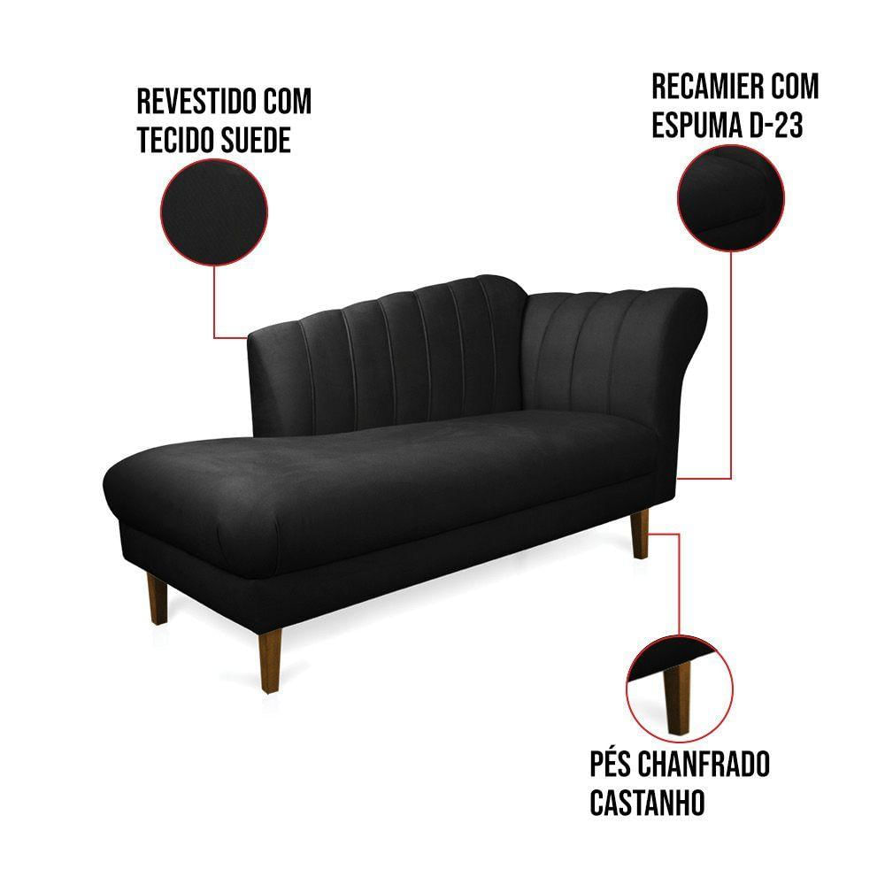 Divã Recife Suede Preto 165 Cm Pés Chanfrado Castanho - D'rossi