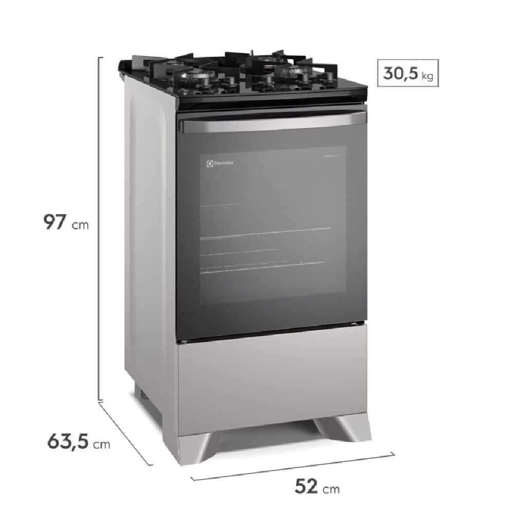 Fogão 4 bocas Electrolux Prata Efficient com Mesa de Vidro, Tripla Chama e VaporBake (FE4GS) Bivolt