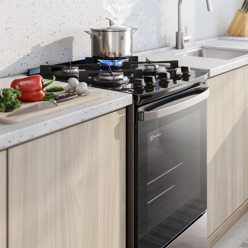 Fogão 4 bocas Electrolux Prata Efficient com Mesa de Vidro, Tripla Chama e VaporBake (FE4GS) Bivolt