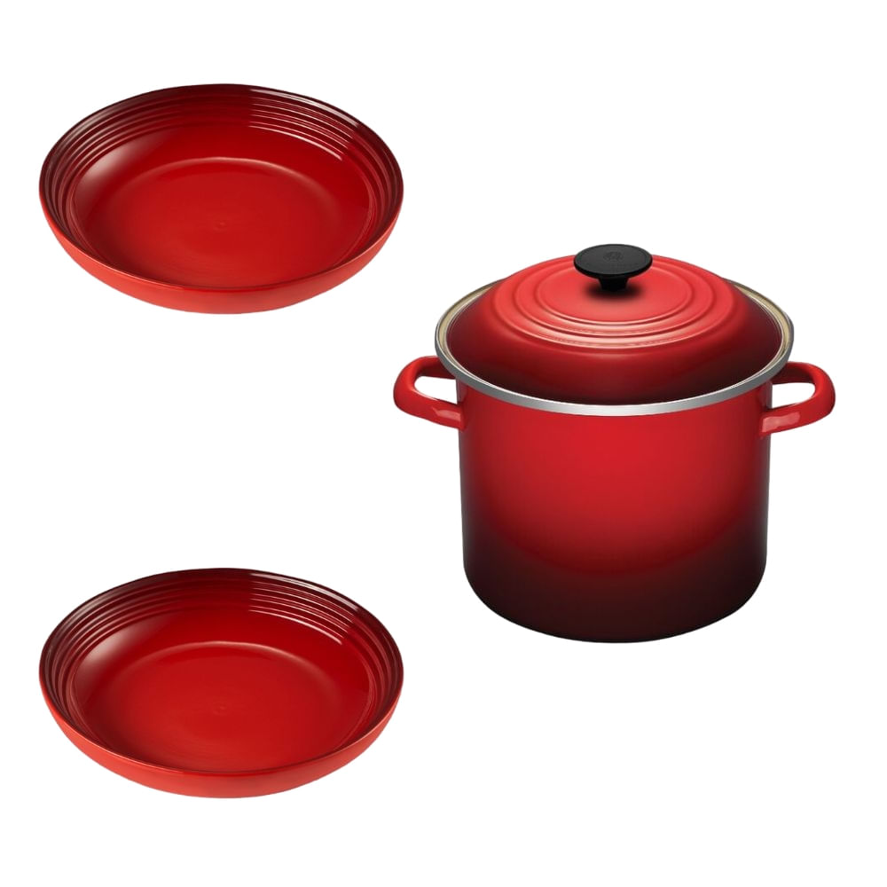 KIT LE CREUSET STOCKPOT EM AÇO INOX ESMALTADO 22CM 7,6L E 2 PRATOS FUNDOS 22CM EM CERÂMICA VERMELHO