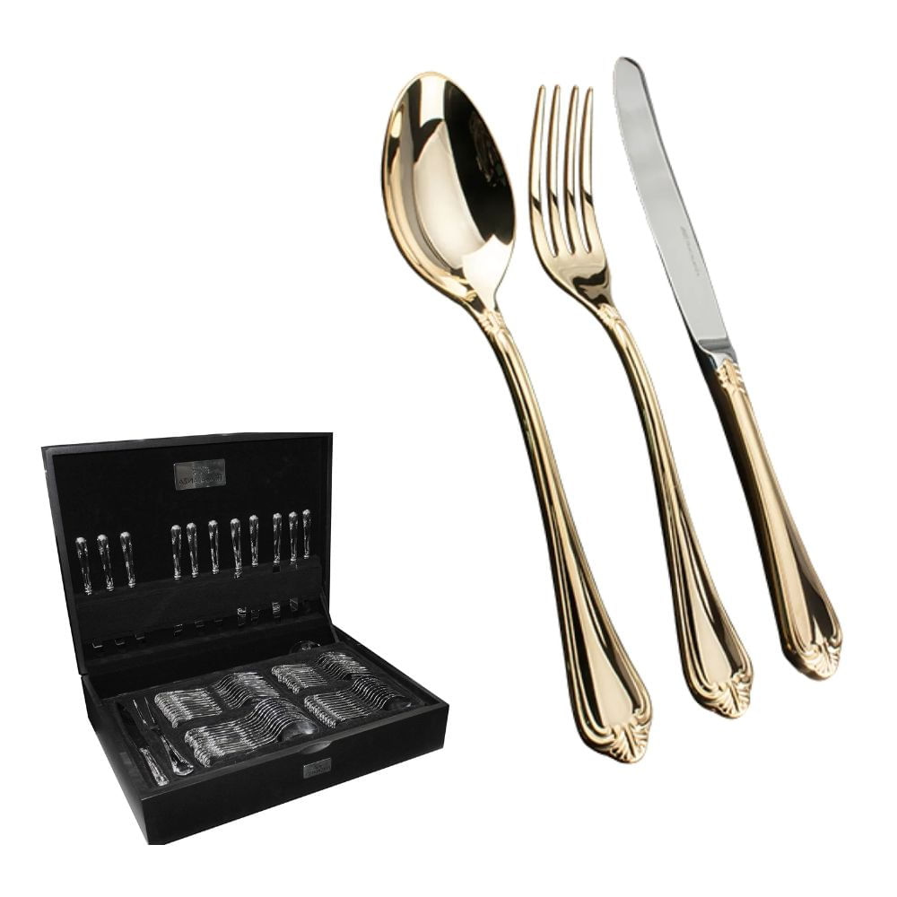 KIT FRACALANZA FAQUEIRO VICTORIAN 130 PEÇAS 18/10 3,0MM COR OURO EM AÇO INOX E ESTOJO